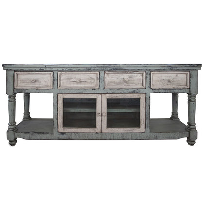 Solid Wood Open Shelving Distressed TV Stand - Blue / White