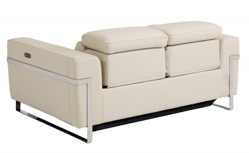 Italian Leather, Power Reclining Loveseat - Beige / Silver