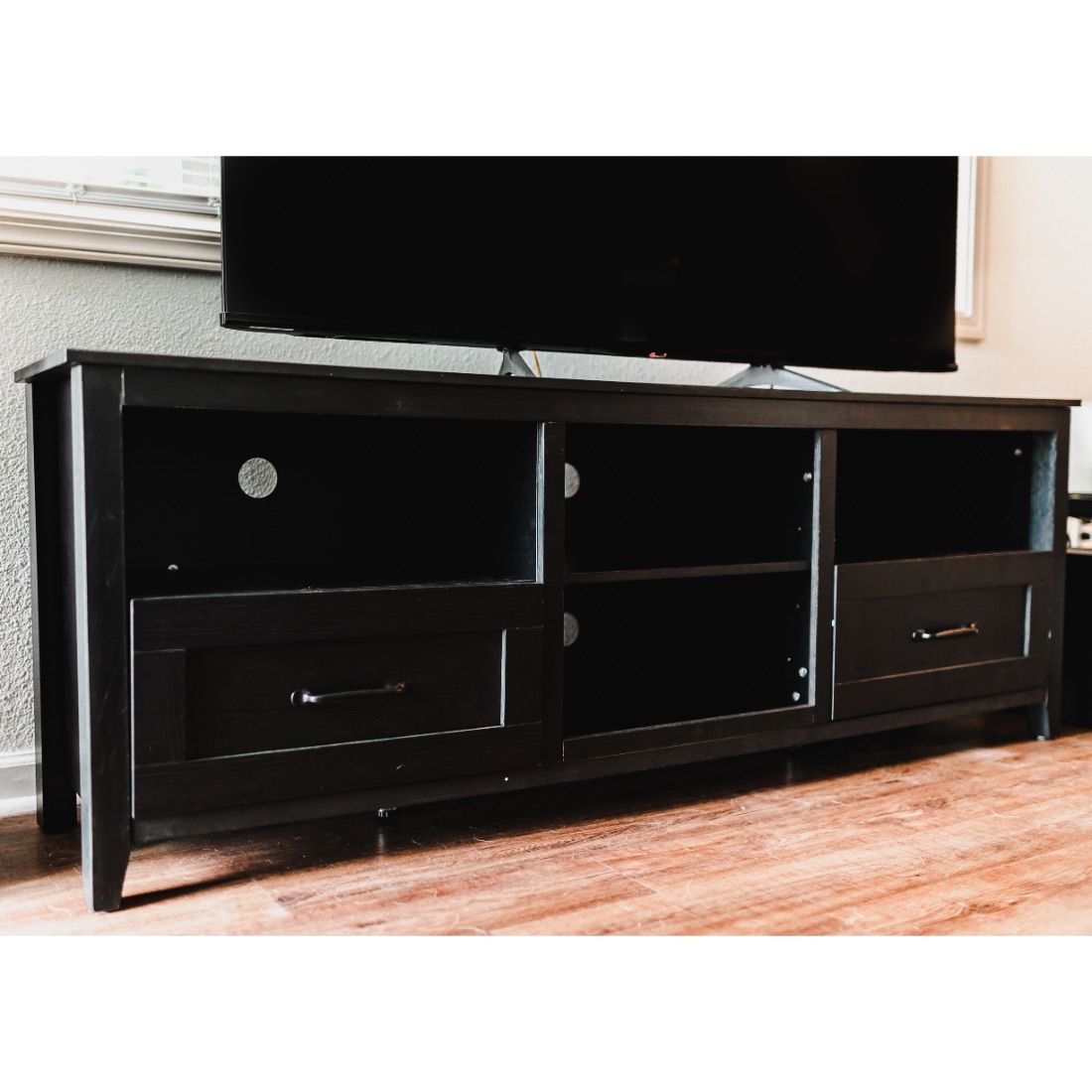 Open Shelving TV Stand With Bookcase And Two Drawers - Black