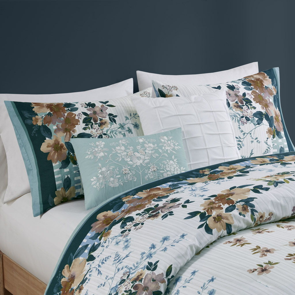 5 Piece Cotton Floral Comforter Set With Throw Pillows - Teal