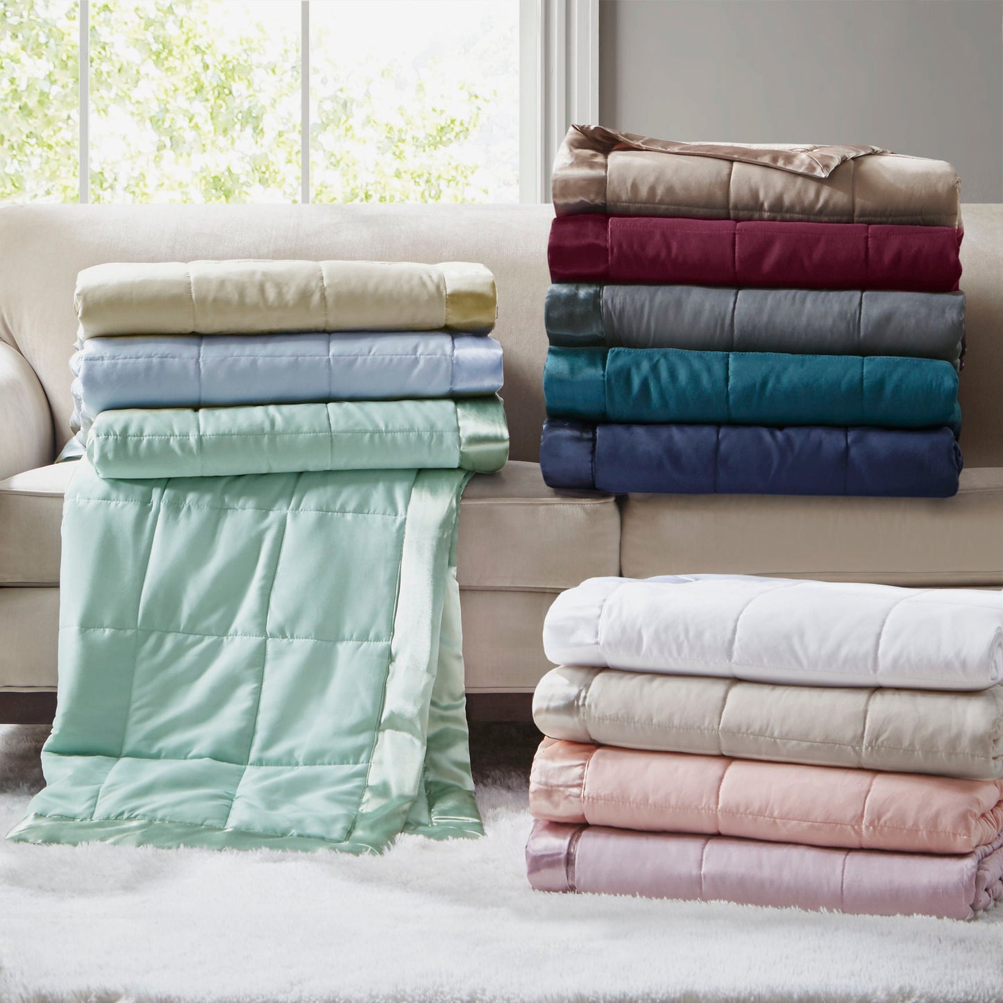 Lightweight Down Alternative Blanket With Satin Trim In Seafoam