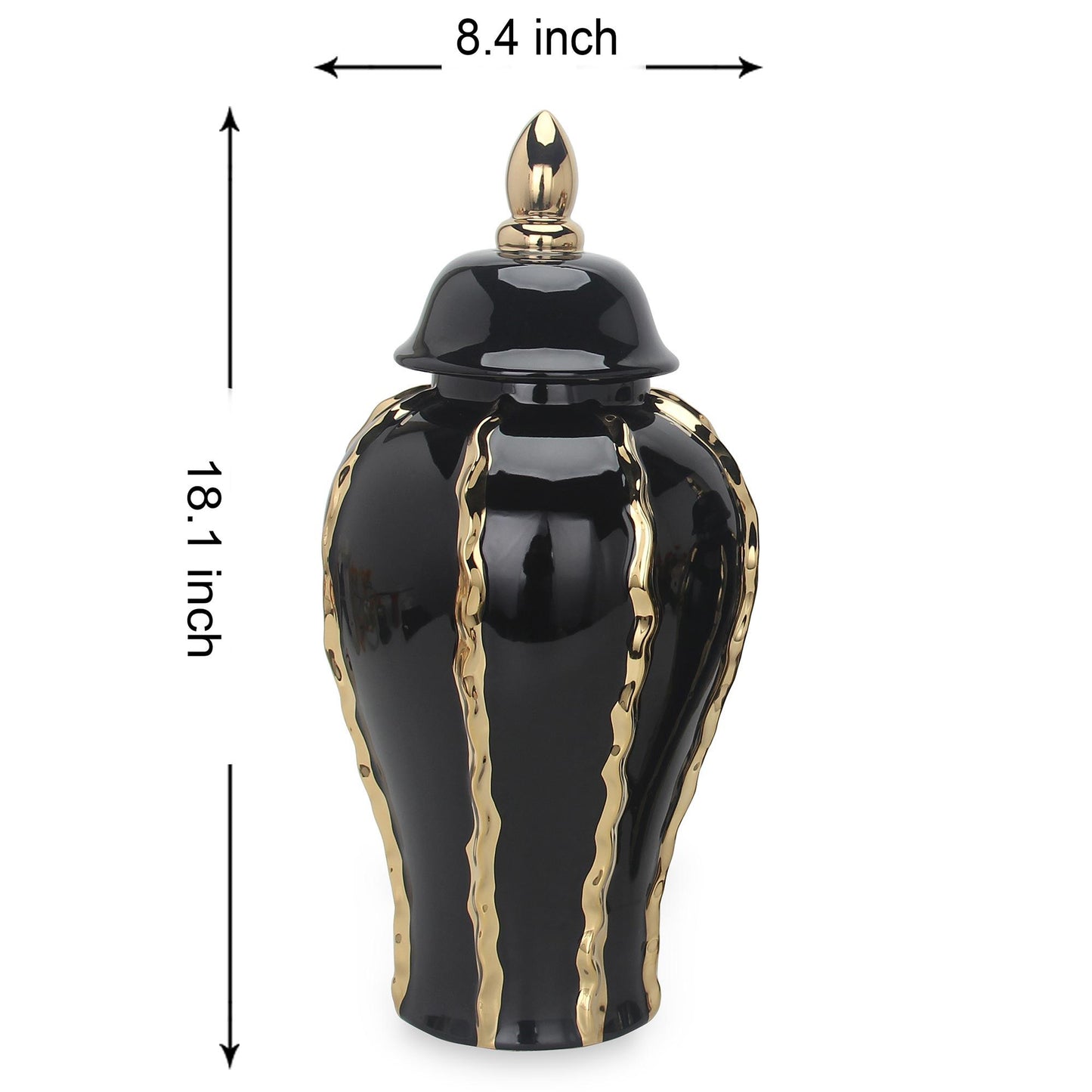 Elegant Ceramic Ginger Jar Vase With Gold Accents And Removable Lid - Timeless Home Decor - Black