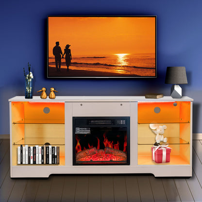 57.8" Fireplace TV Stand With 18" Electric Fireplace Heater, Modern Entertainment Center For TVs Up To 62" With Adjustable Glass Shelves And Storage Cabinets