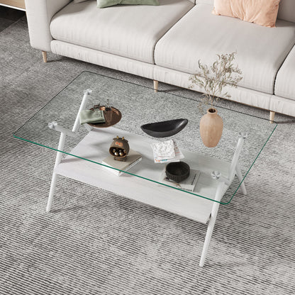 Rectangle Coffee Table With Tempered Glass Top And Shelf, Modern Table For Living Room