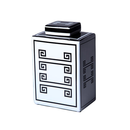 Rectangular Ceramic Decorative Jar With White And Black Geometric Design