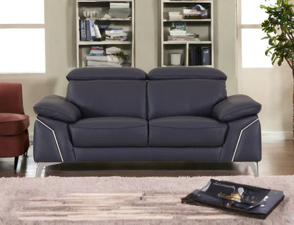 Genuine Leather Love Seat - Navy Blue / Silver