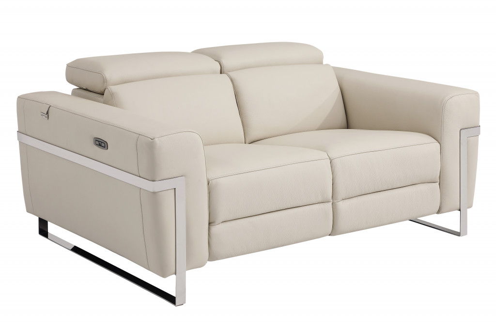 Italian Leather Power Reclining Loveseat - Beige / Silver