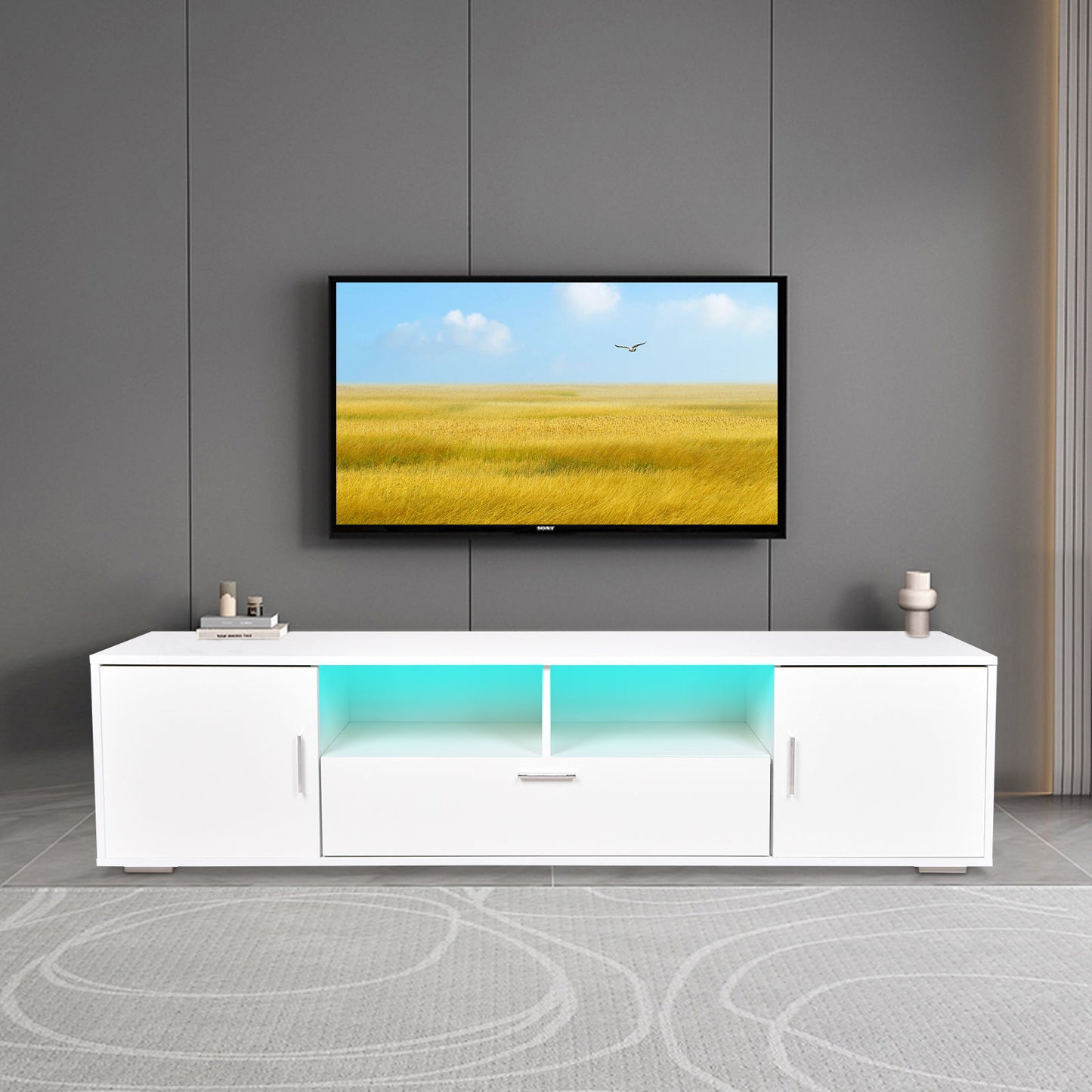 Modern TV Stand With LED Lights Entertainment Center TV Cabinet With Storage For Up To 75" For Gaming Living Room Bedroom - White