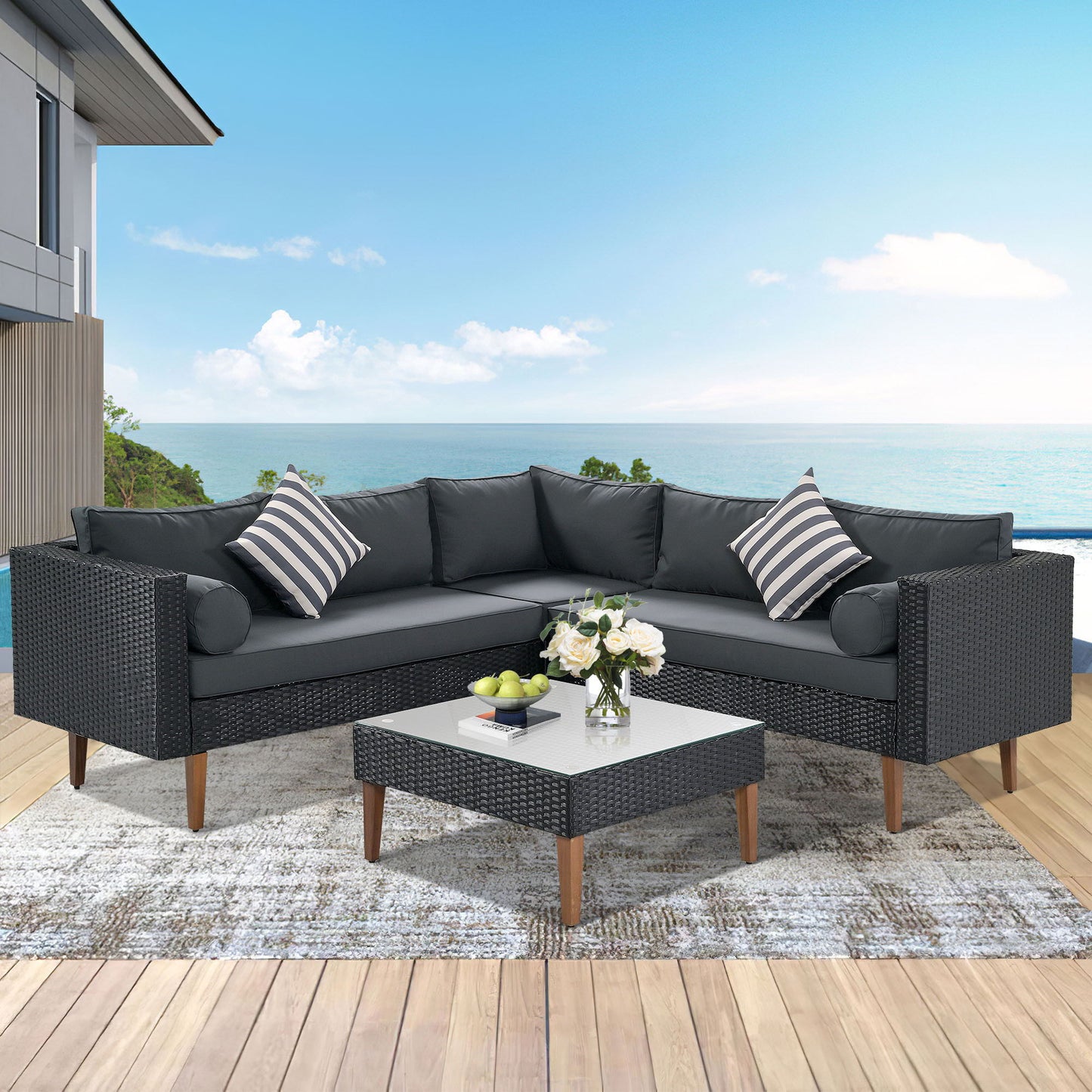 4 Pieces Outdoor Wicker Sofa Set, Patio Furniture With Colorful Pillows, L-Shape Sofa Set - Gray / Black