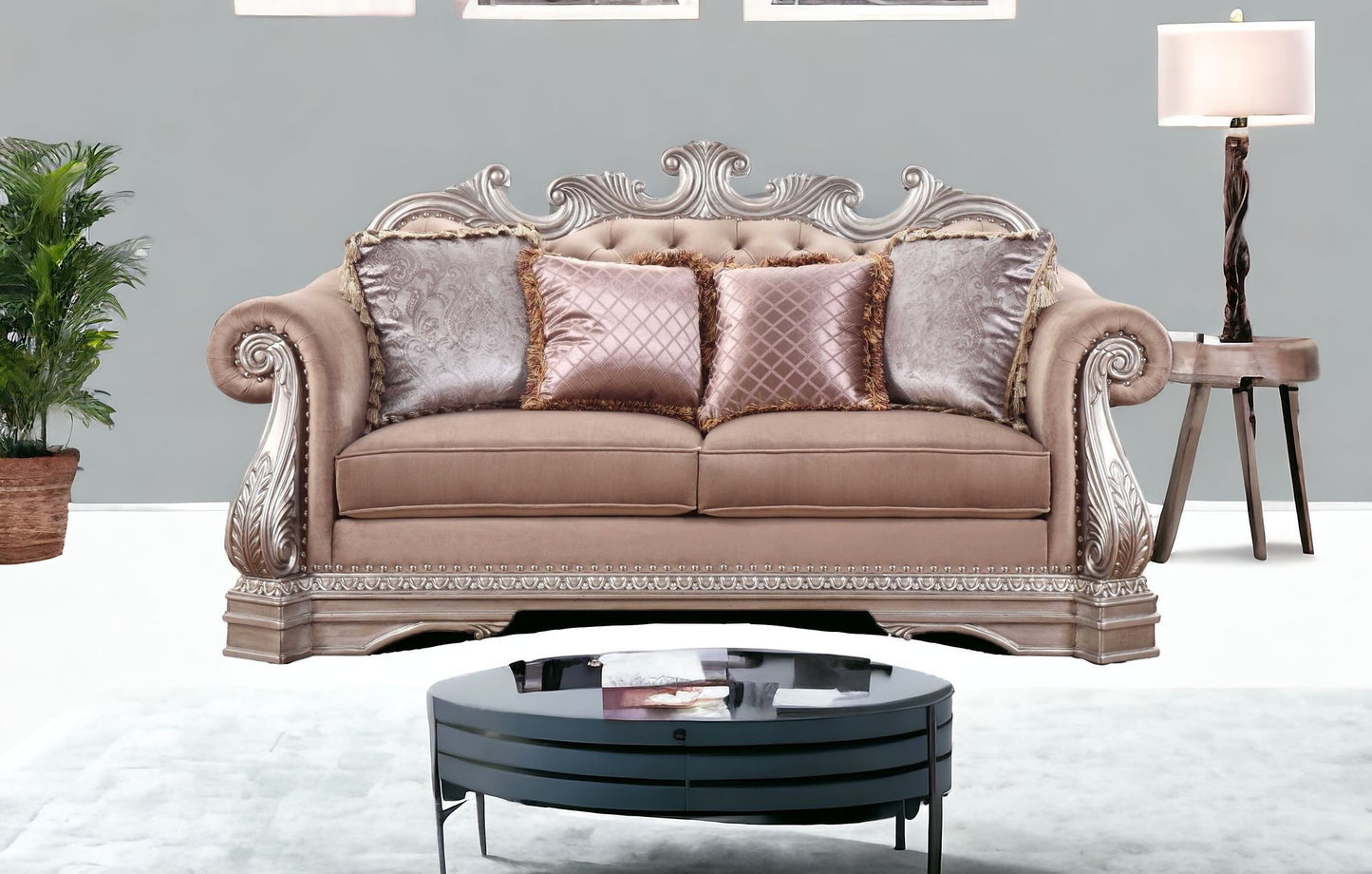 Velour Loveseat And Toss Pillows - Champagne