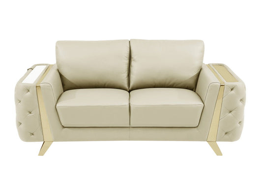 Genuine Leather Loveseat - Beige / Gold