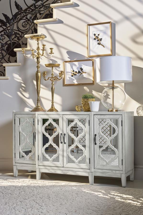 Mckellen - 4 Door Wood Trellis Accent Cabinet - Distressed White