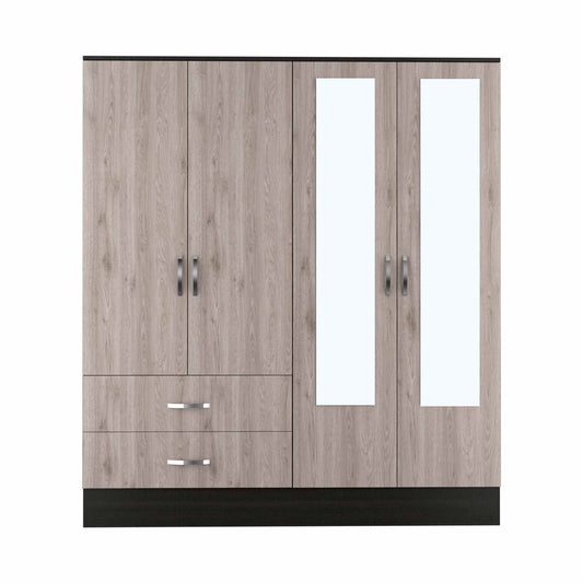 Four Door Wardrobe Closet With Mirrors - Light Oak / Black