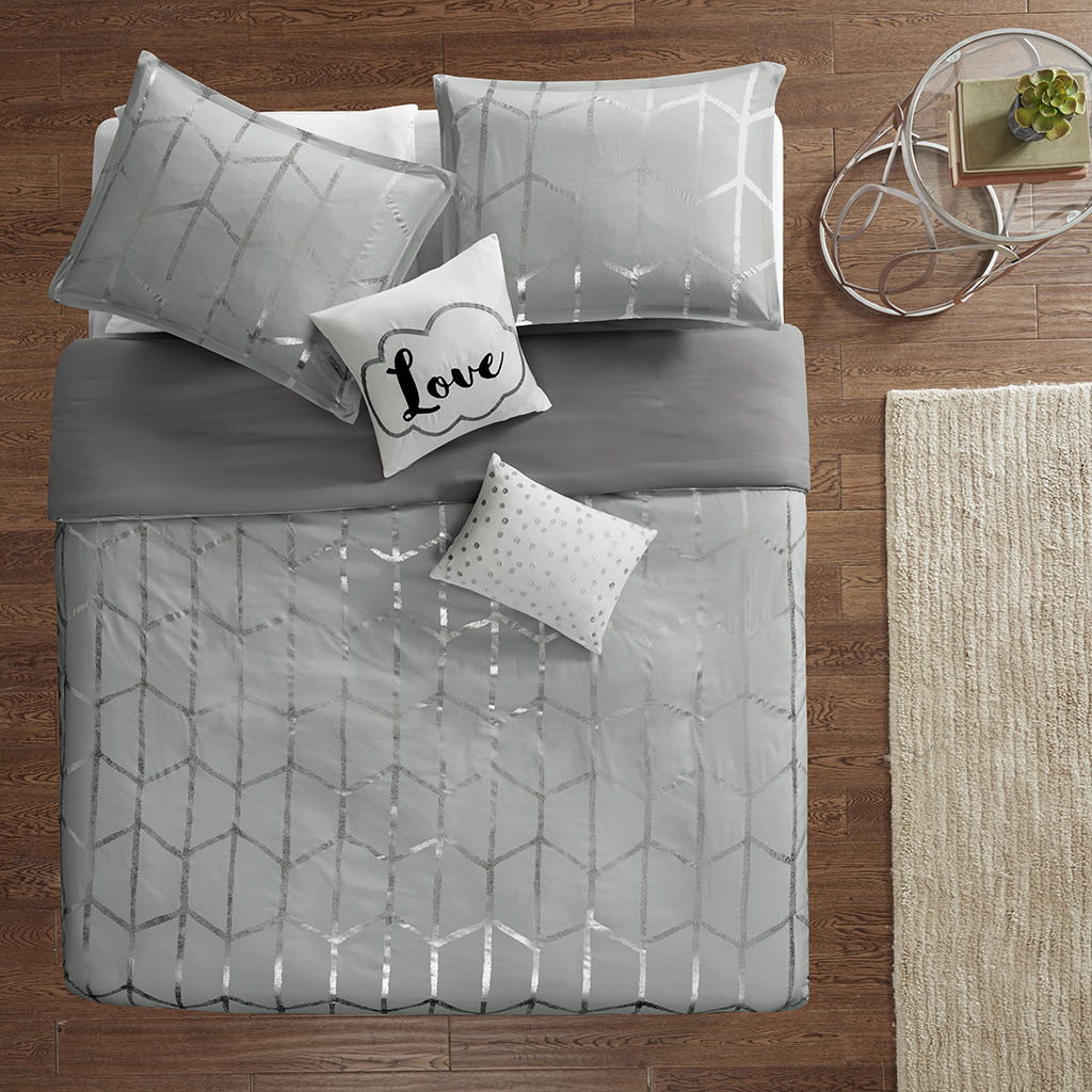 Raina Metallic Printed Duvet Cover Set - Silver