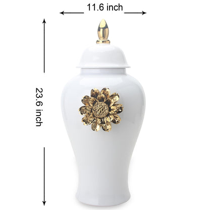 White Ginger Jar With Gilded Flower Timeless Home Decor