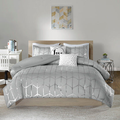 Raina Queen Metallic Printed Comforter Set - Gray