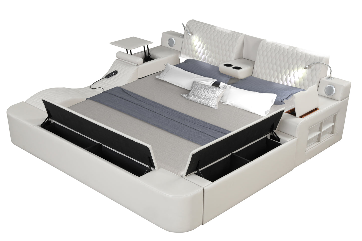 Zoya Smart Multifunctional Queen Size Bed Made with Wood in White