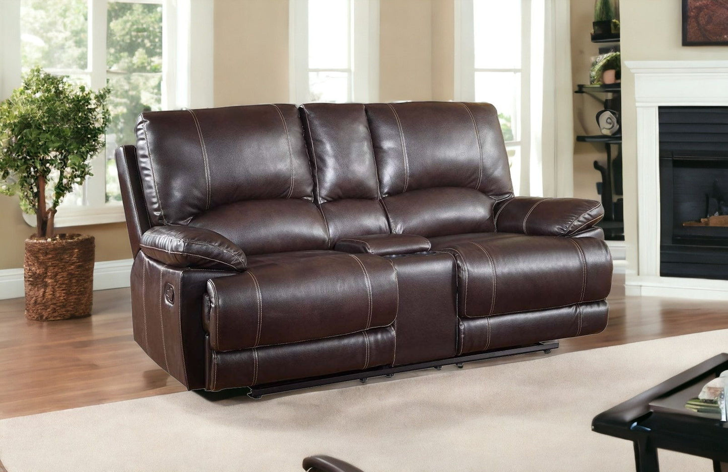 Faux Leather Love Seat Manual Reclining With Storage - Brown