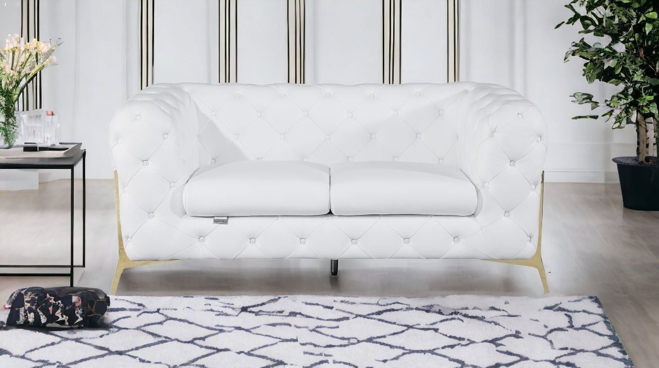 Italian Leather Loveseat - White / Gold