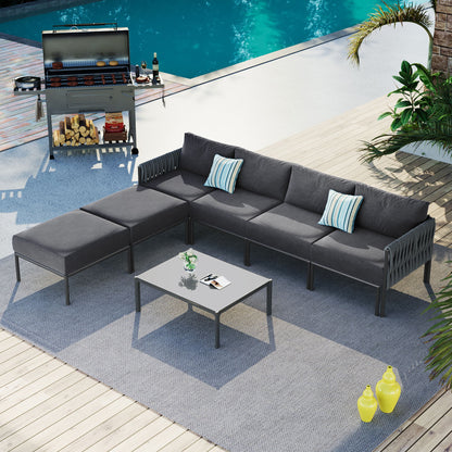 6 Pieces Aluminum Patio Furniture Set, Modern Metal Outdoor Conversation Set Sectional Sofa With Removable Olefin Extra Thick Cushions Cushion - Gray