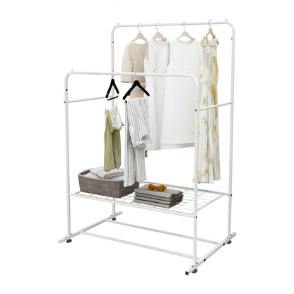 Garment Rack Freestanding Hanger Double Rods Multi-Functional Bedroom Clothing Rack White