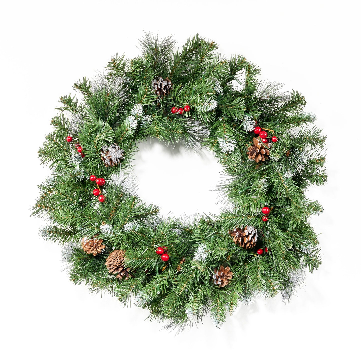 Glitter Bristle Mixed Wreath With With 9 Red Berry And 9 Pine Cones And 50 Warm White LED Lights With Timer - Battery Operated - Outdoor, 150 Tips