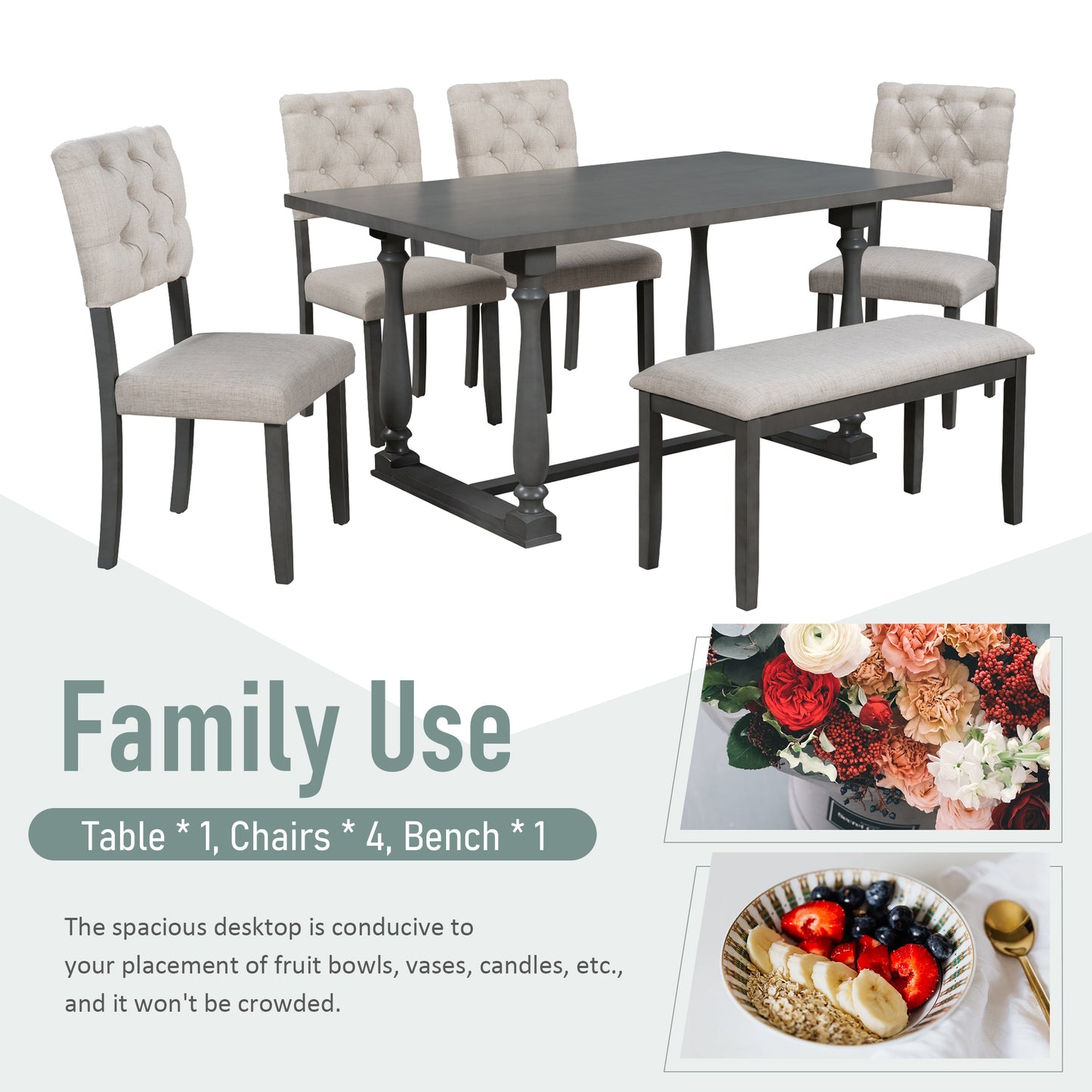 TREXM 6-Piece Dining Table and Chair Set with Special-shaped Legs and Foam-covered Seat Backs&Cushions for Dining Room (Gary)