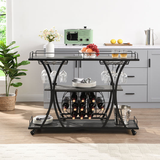 Industrial Bar Cart Kitchen Bar & Serving Cart For Home With Wheels 3 Tier Storage Shelves - Black / Gray