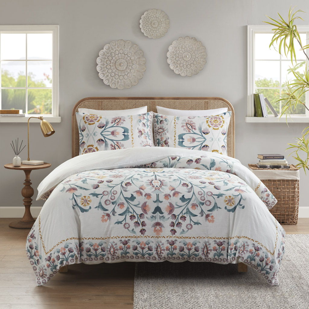 3 Piece Floral Duvet Cover Set - White / Multi