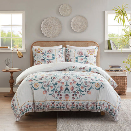 3 Piece Floral Duvet Cover Set - White / Multi