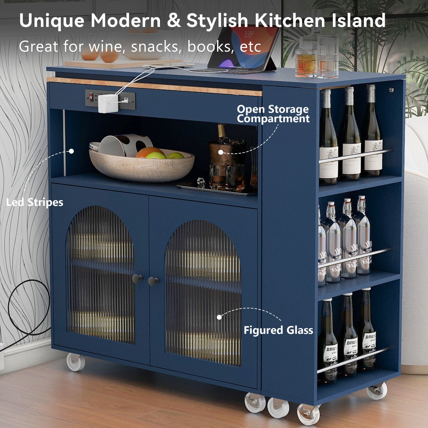 K&K Rolling Kitchen Island With Extended Table, Kitchen Island on Wheels with LED Lights,Power Outlets and 2 Fluted Glass Doors, Kitchen Island with a Storage Compartment and Side 3 Open Shelves, Navy