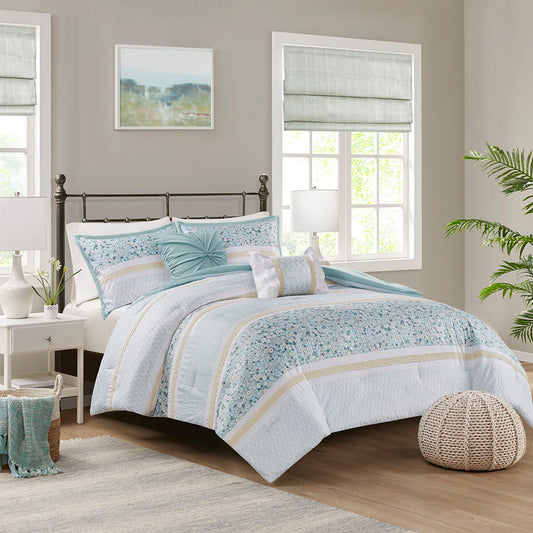 5 Piece Seersucker Comforter Set With Throw Pillows - Aqua