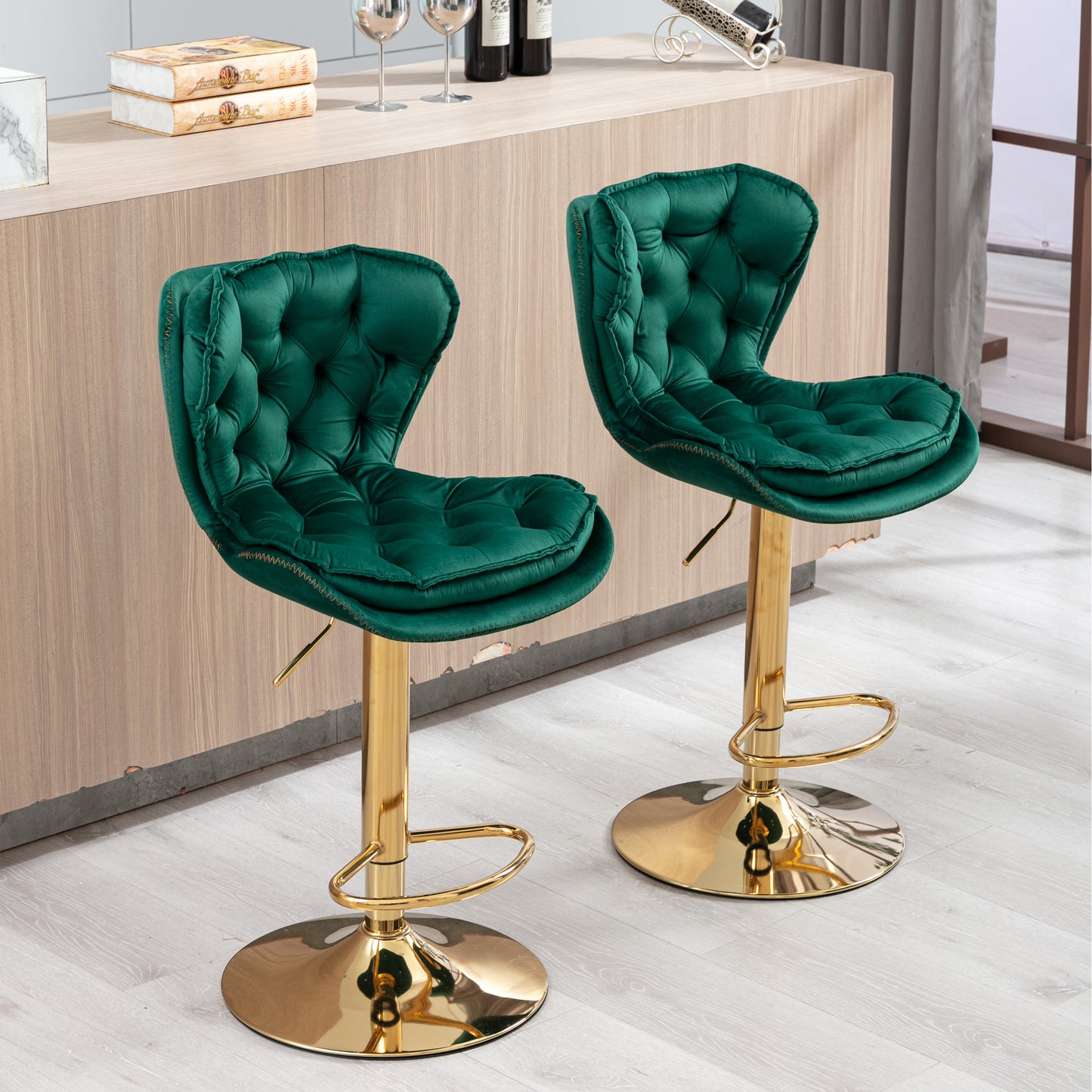 Set of 2  Bar Stools,with Chrome Footrest and Base Swivel Height Adjustable Mechanical Lifting Velvet + Golden Leg Simple Bar Stool-Green