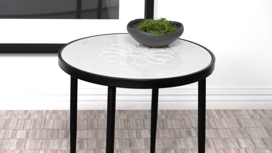 Kofi - Round Marble Top Accent Side Table - White And Black