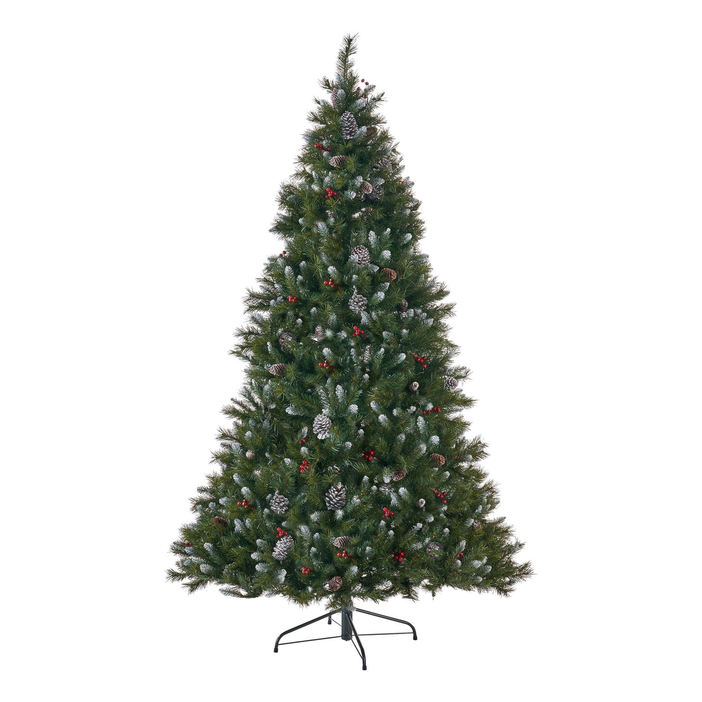 7' Mixed Frosted Hinged Tree With 52 Frosted Pine Cones And 26 Red Berry And 450 Clear Lights - Ul, 1219 Tips