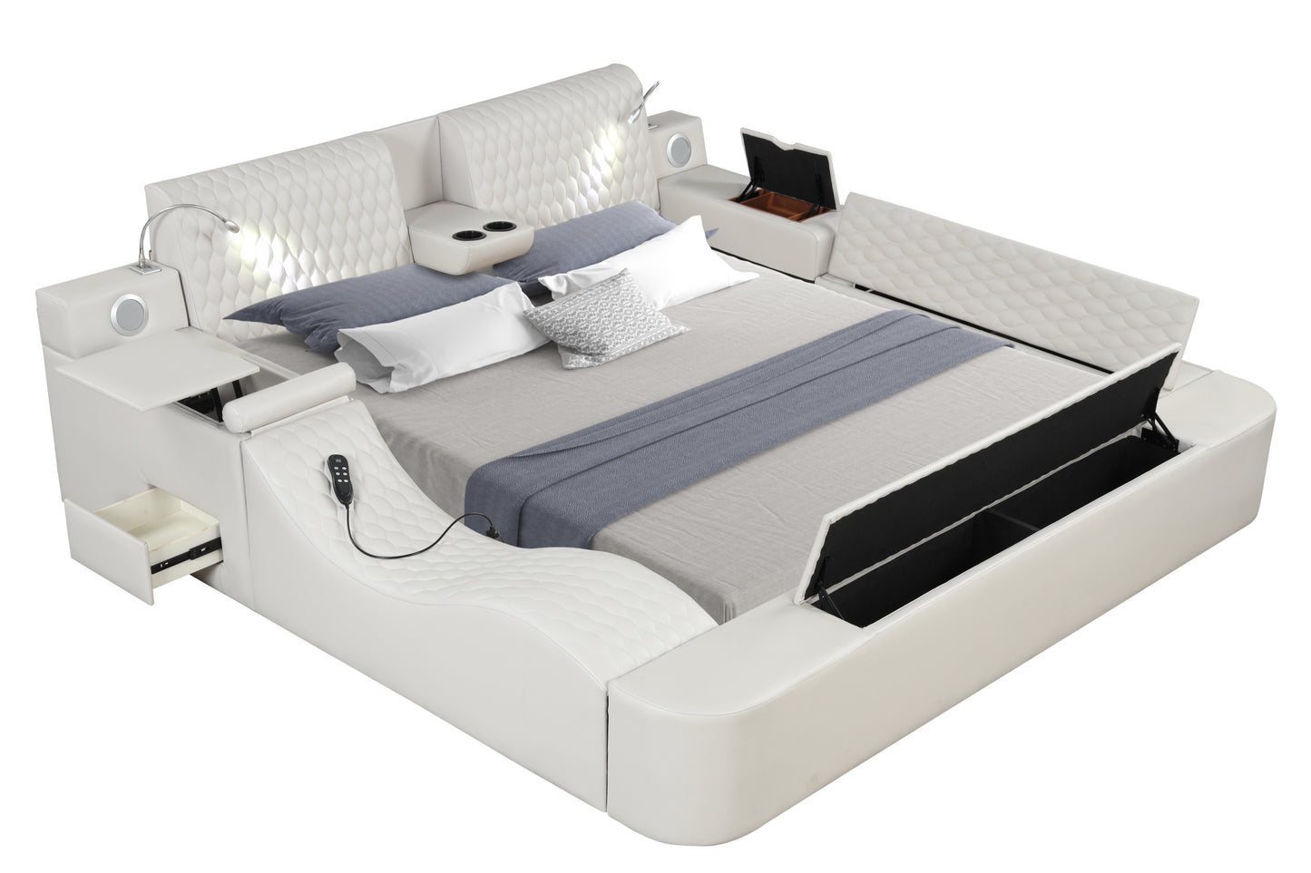 Zoya Smart Multifunctional Queen Size Bed Made with Wood in White