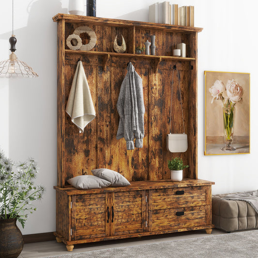 On-Trend Modern Style Hall Tree With Storage Cabinet And 2 Large Drawers, Widen Mudroom Bench With 5 Coat Hooks, Rustic Brown