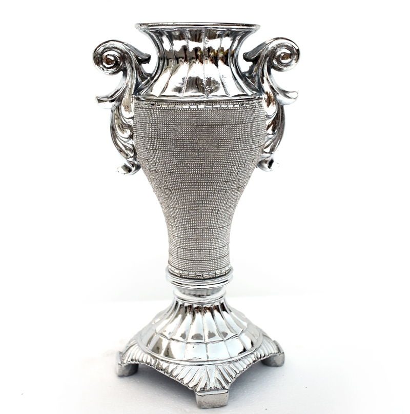 Ambrose Chrome Plated Crystal Embellished Ceramic Vase - Silver