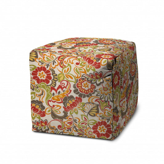 Cube Floral Indoor Outdoor Pouf Cover - Gray