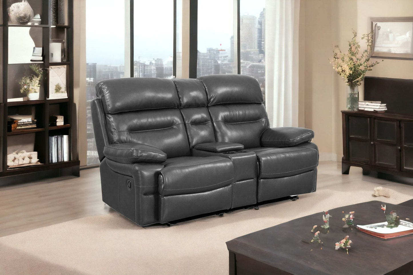 Faux Leather Love Seat With Storage Manual Reclining - Gray