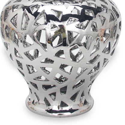 Ceramic Ginger Jar Vase With Decorative Design - Silver