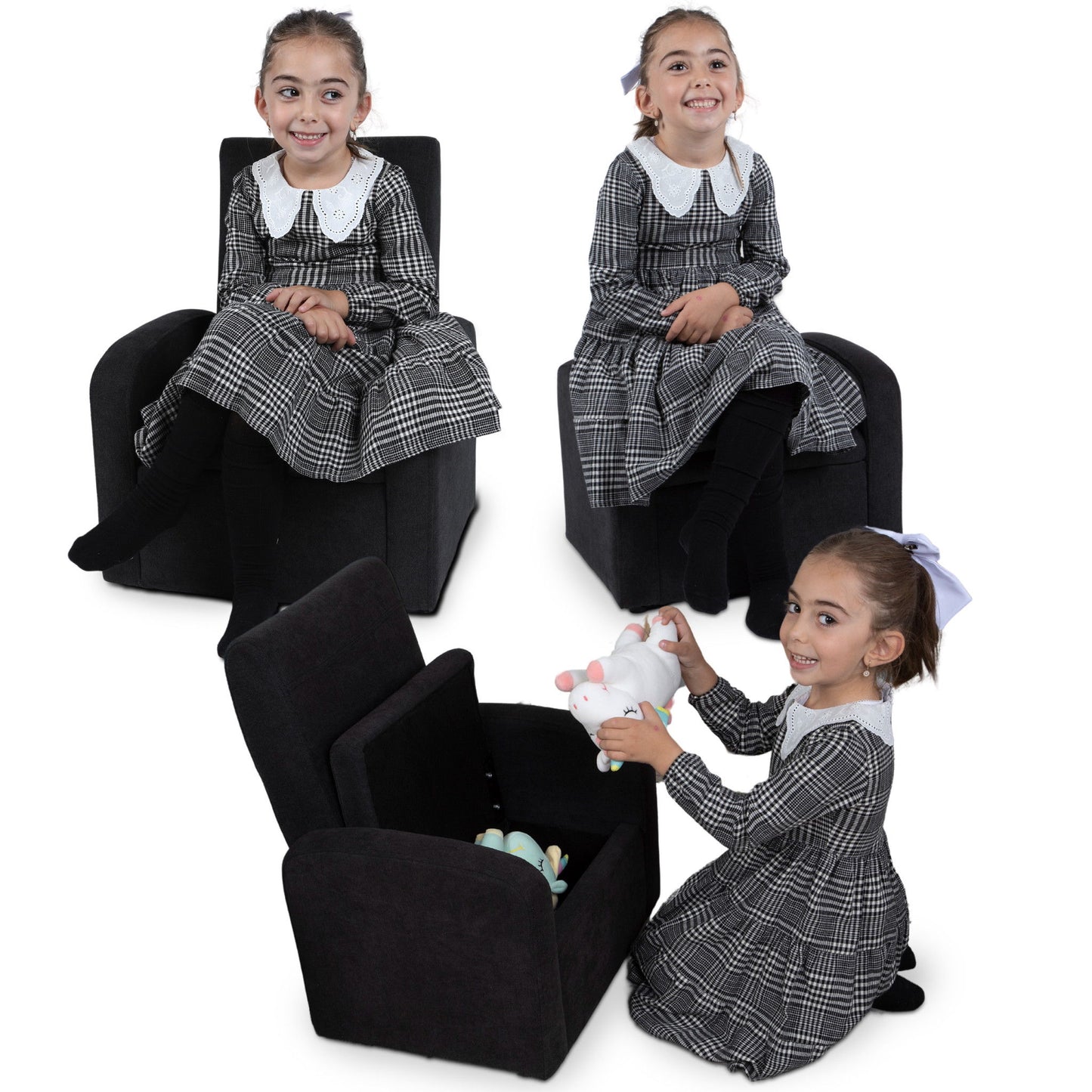 Kids Comfy Upholstered Recliner Chair With Storage - Black