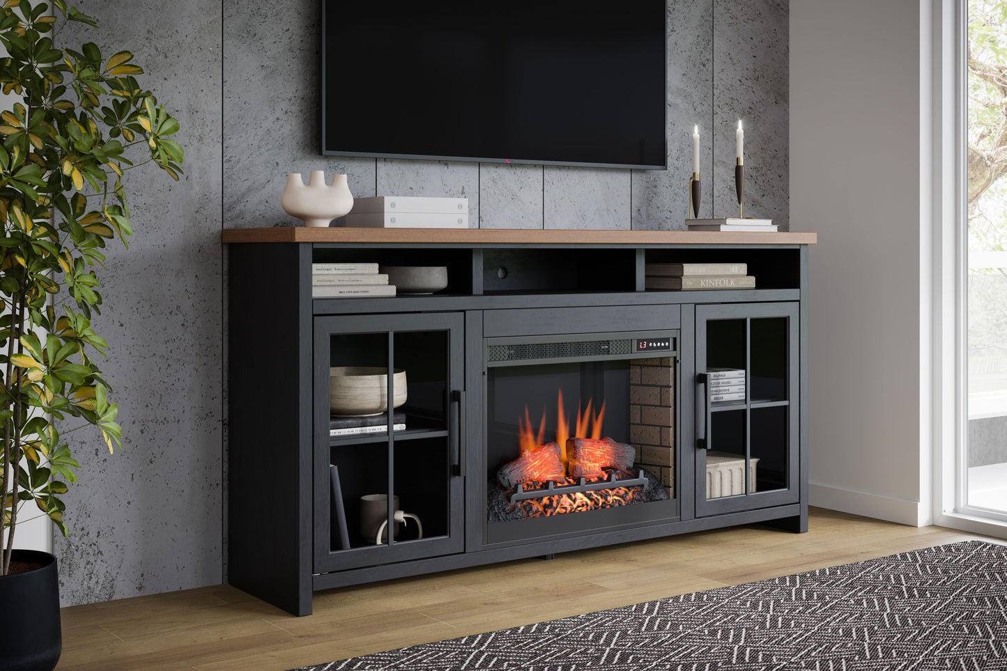 Essex - Fireplace TV Stand Console For TVs Up To 85" - Black, Whiskey