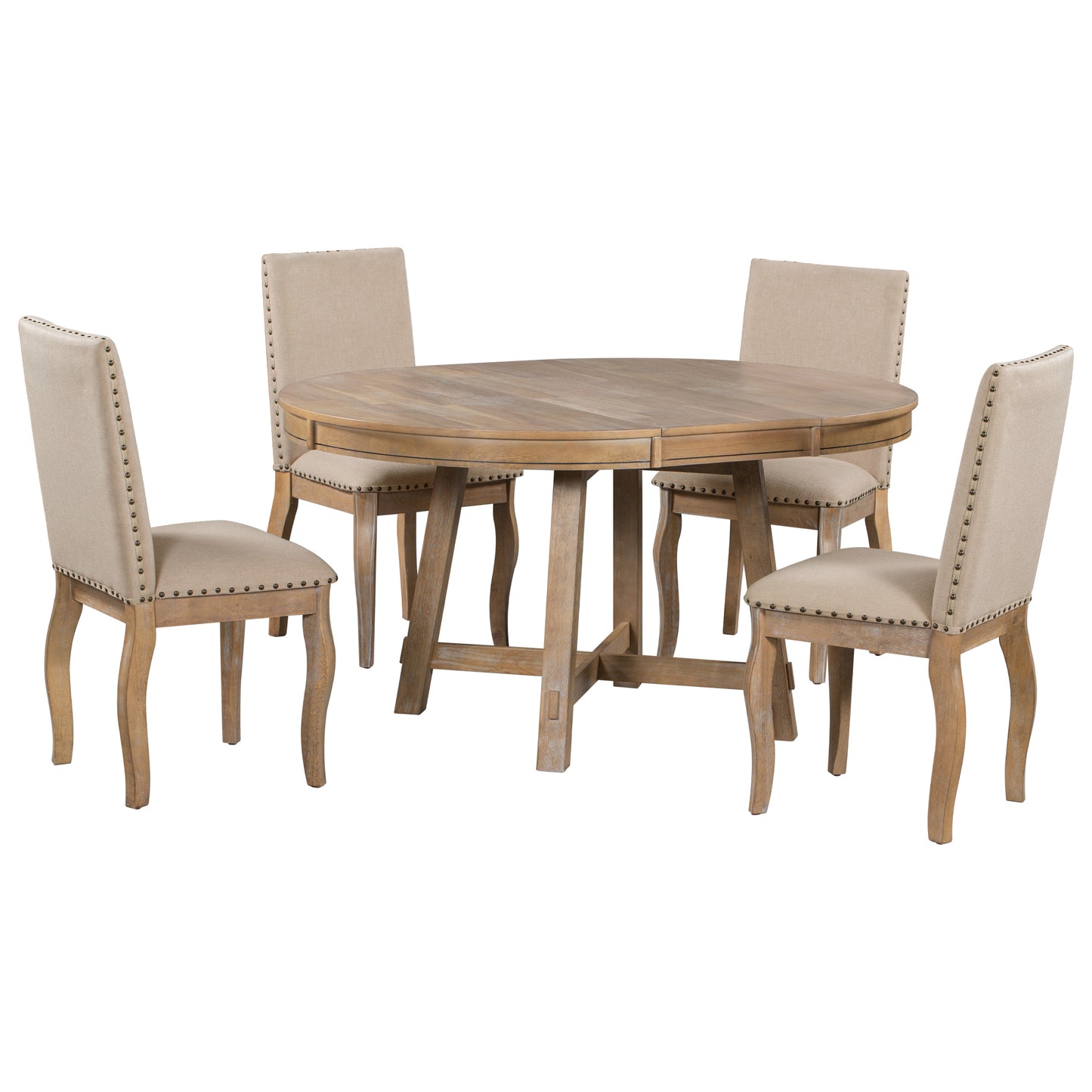 TREXM 5-Piece Farmhouse Dining Table Set Wood Round Extendable Dining Table and 4 Upholstered Dining Chairs (Natural Wood Wash)
