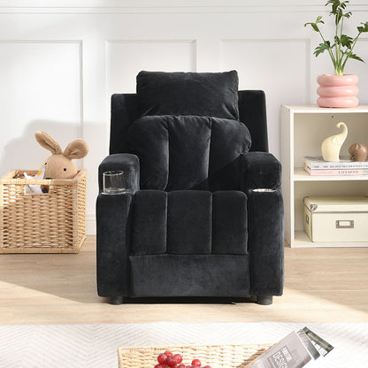 Kids Recliner Chair, Kids Upholstered Couch With Two Cup Holder, Footrest, Backrest, Toddlers Recliner, Headrest And Footrest - Black