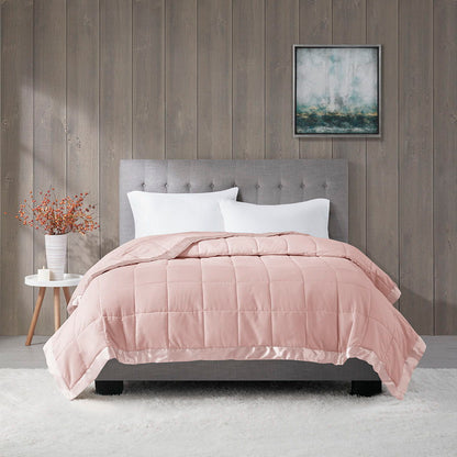 Lightweight Down Alternative Blanket With Satin Trim - Blush