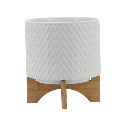 8" CHEVRON PLANTER W/ STAND, WHITE