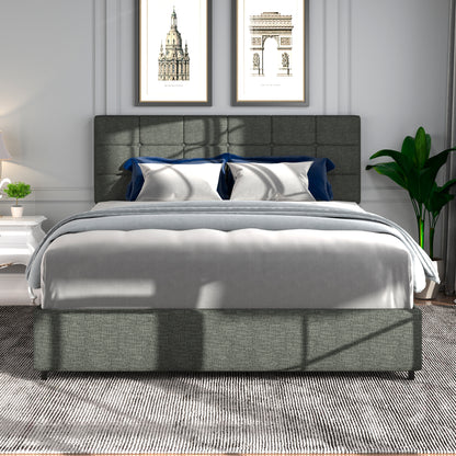 Vera Queen Size Gray Linen Upholstered Platform Bed with Patented 4 Drawers Storage, Square Stitched Button Tufted Headboard, Wooden Slat Mattress Support No Box Spring Required