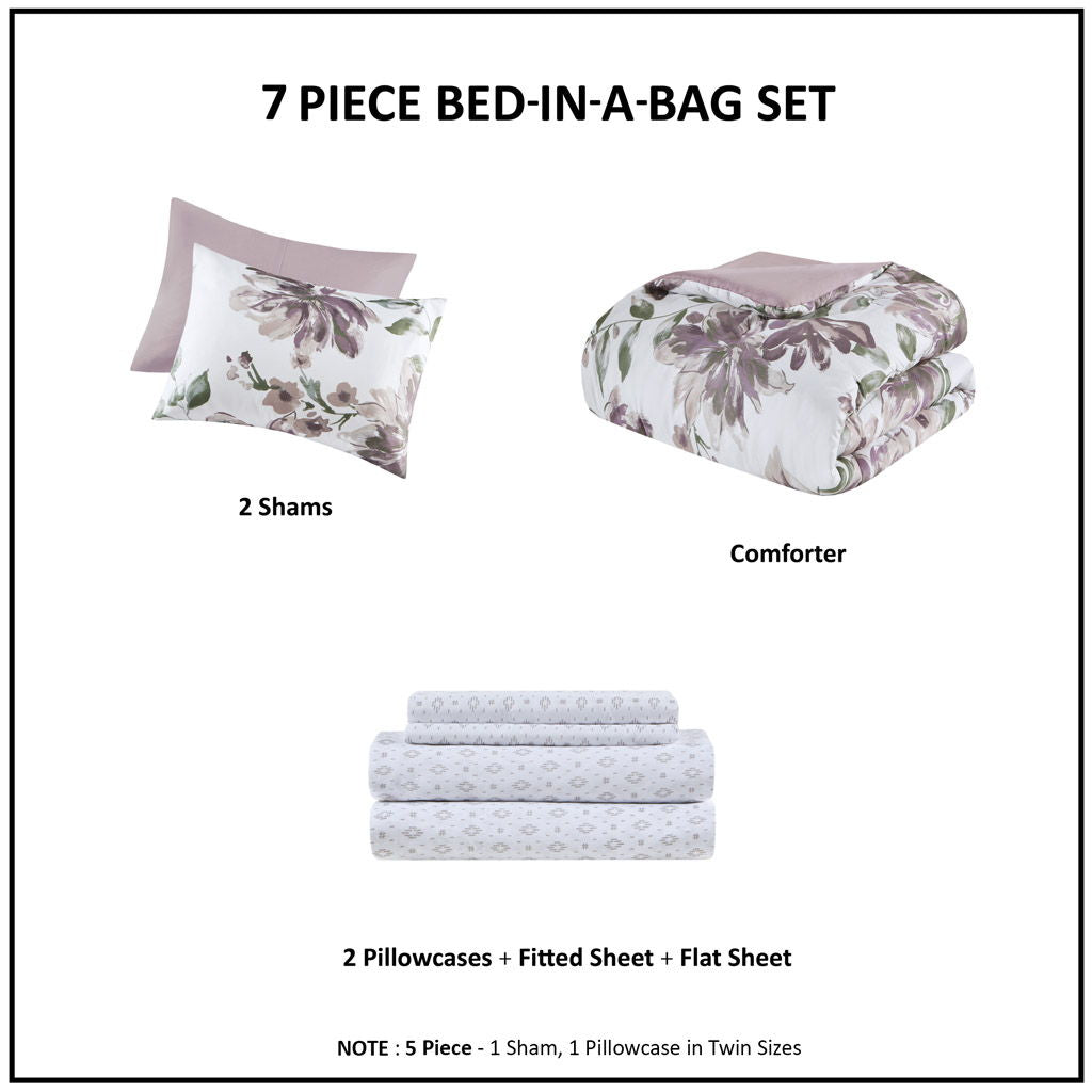 Floral Comforter Set With Bed Sheets - Mauve