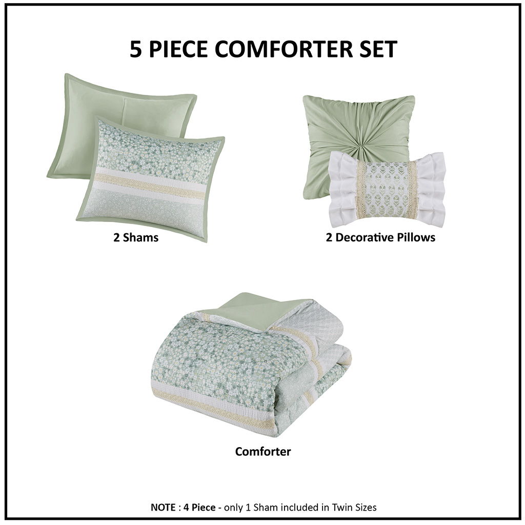 5 Piece Seersucker Comforter Set With Throw Pillows - Green